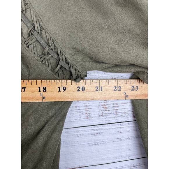 Miss Me Army Green Faux Suede Long Jacket Tie Front Boho Small Olive Utility - Picture 7 of 9